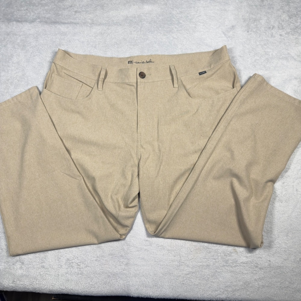 TravisMathew Open to Close Pants Mens 38 Tan Heathered Performance Golf Trousers